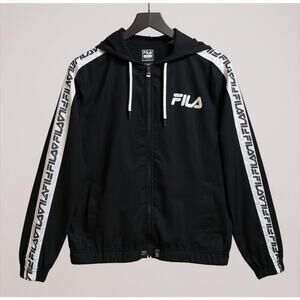Fila Black White Logo Tape Full Zip Hooded Track Jacket Women’s Medium Polyester
